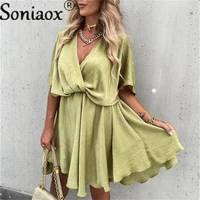 2022 summer sexy v neck casual loose satin dress women solid color mini dress elegant party vacation street simple ladies dress