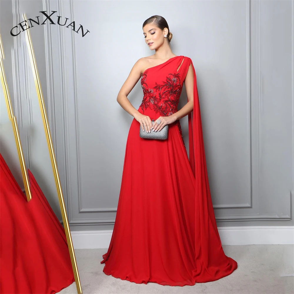 

Cenxuan Modern Chiffon One-Shoulder Beading Appliques Pleat A-Line Zipper Evening Gowns For Women Made To Order Robes De Soirée