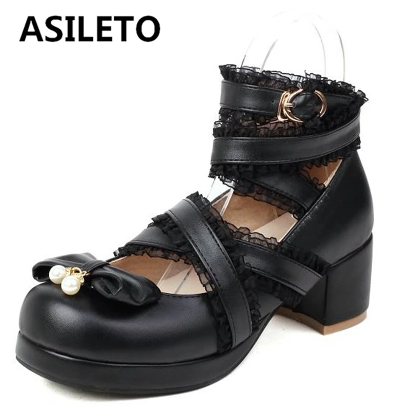 

Весна 2022, милые новые туфли-лодочки ASILETO для девочек, ремешок с пряжкой, кружевной бант, круглый носок, блочные каблуки, большой размер 30-45, бе...