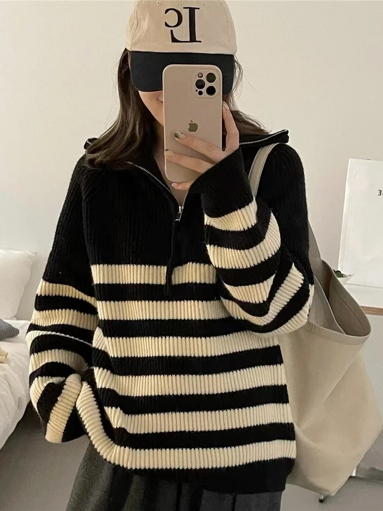 

Fashion Women Sweaters 2023 New Autumn Winter Turn-down Collar Striped Knitwears Versatile Pullovers Thickening Long Sleeve Top