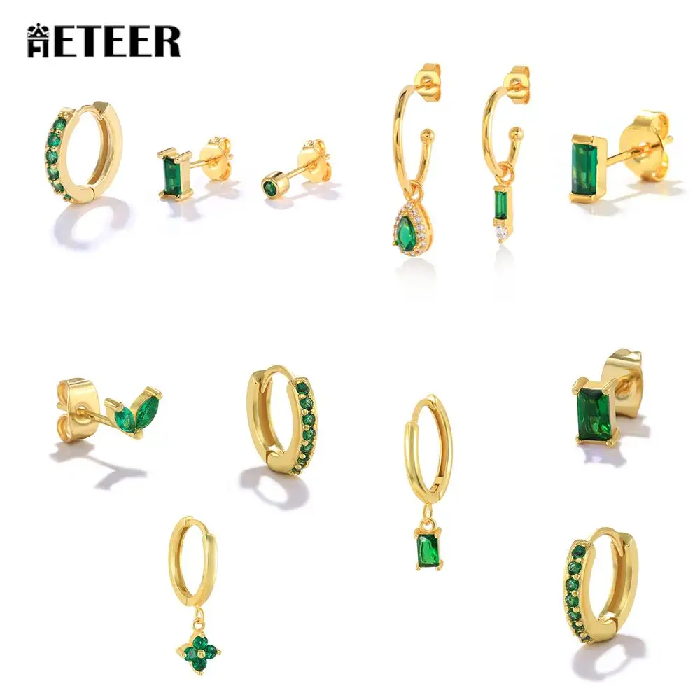 

AETEEY Classic Emerald Zircon Ear Needle Stud Set For Women Trend Plated Exquisite Piercing Earring Jewelry Cartilage Aretes