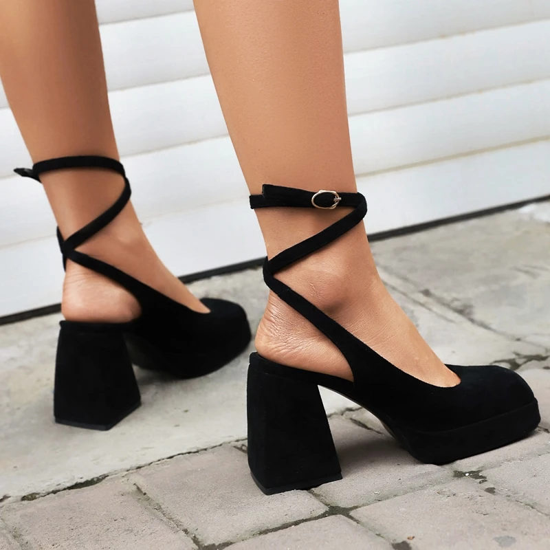 

Pumps Slingback High Heels Womens New Flock Fashion Cross Straps Square Toe Platform Dress Office Sandals Shoes Plus Size 35-43