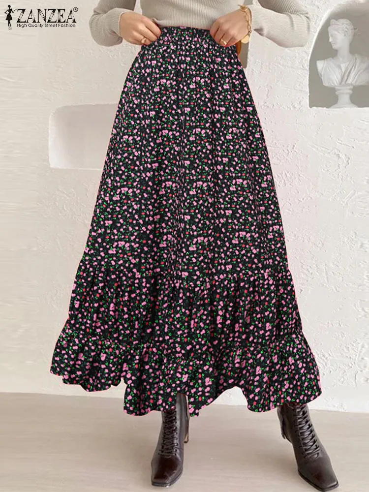 

ZANZEA Bohemian Floral Print Maxi Skirt Women Elastic High Waist Long Jupe Holiday Ruffled Hem Falda Summer Pleated Tiered Skirt