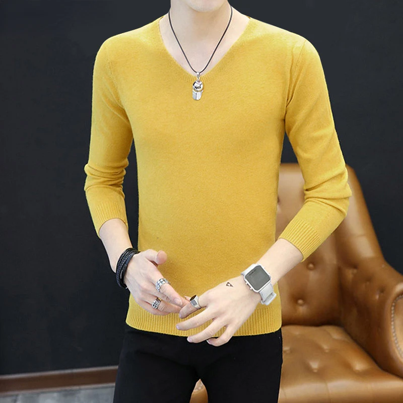 

NEW IN Autumn New Men's Sexy V-Neck Sweater Pullover Male Slim Fit Long Sleeves Solid Color Sweater Knitted Pullover Tops 6