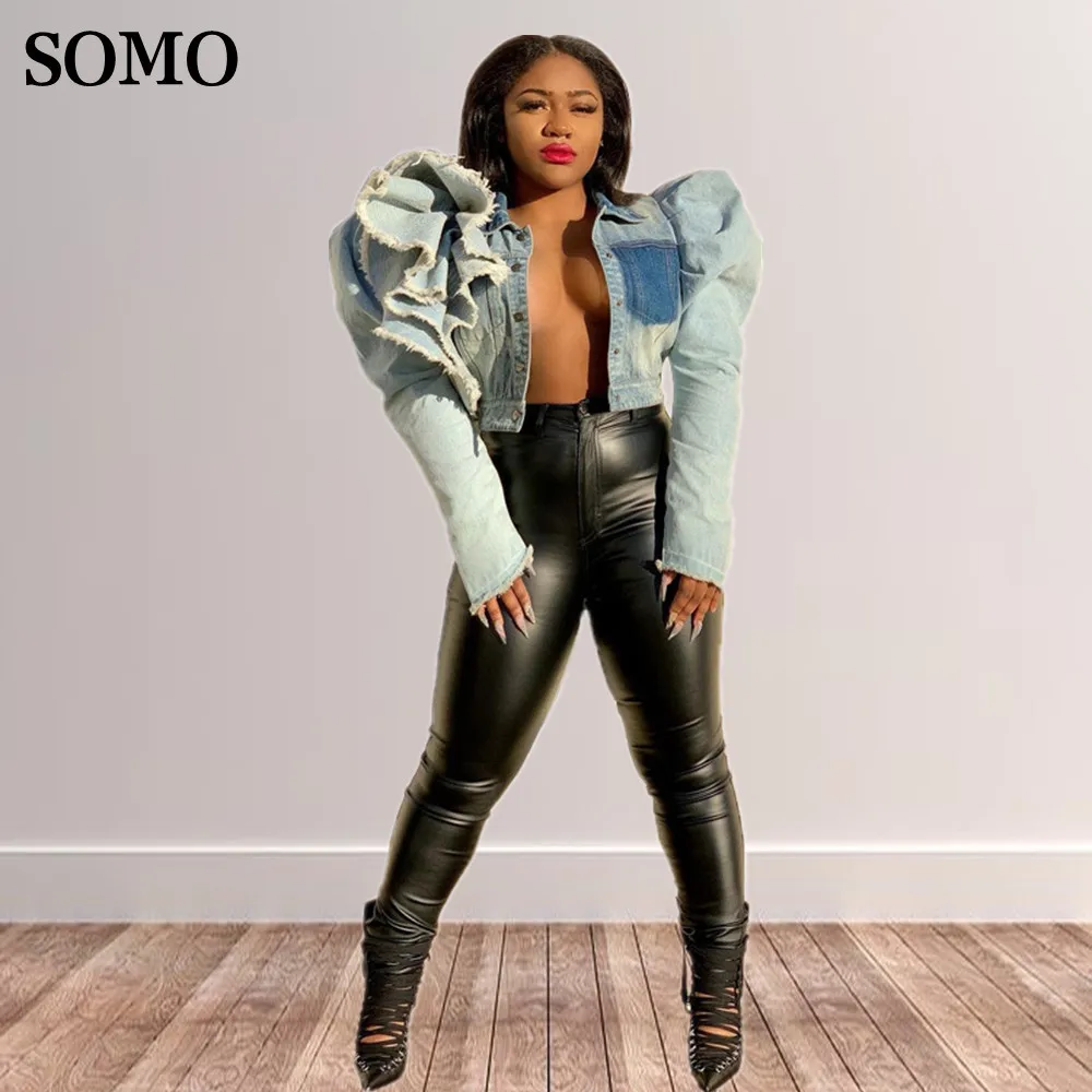 

S-5XL Chic Plus Size Women Clothing Fashion Bubble Sleeve Denim Jeans Coat Sexy Night Club Short Jacket Wolesale Dropshipping
