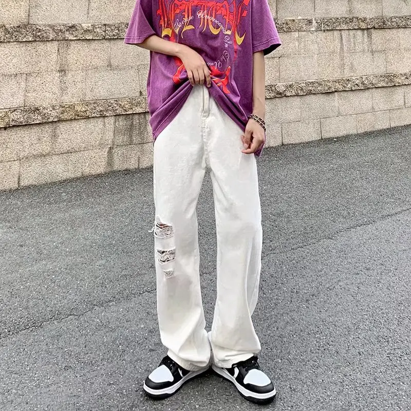 New Fashion Ripped Hole White Baggy Men Hip Hop Jeans Pants Straight Loose Y2K Clothes Women Casual Denim Trousers Ropa Hombre