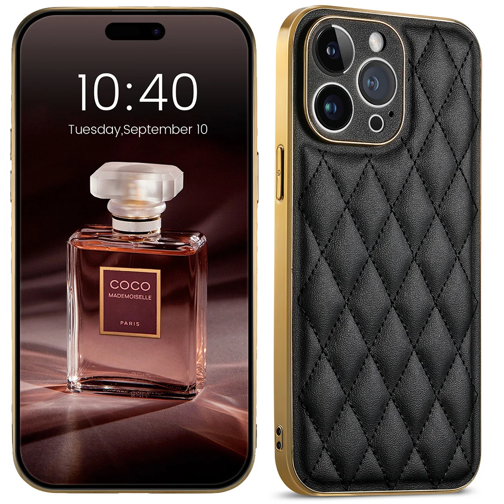 

Luxury 3D Diamond Texture Sewing Thread Leather Case for iPhone 14 Pro Max 12 13 Pro 14 Plus Shockproof Soft Rugged Bumper Case