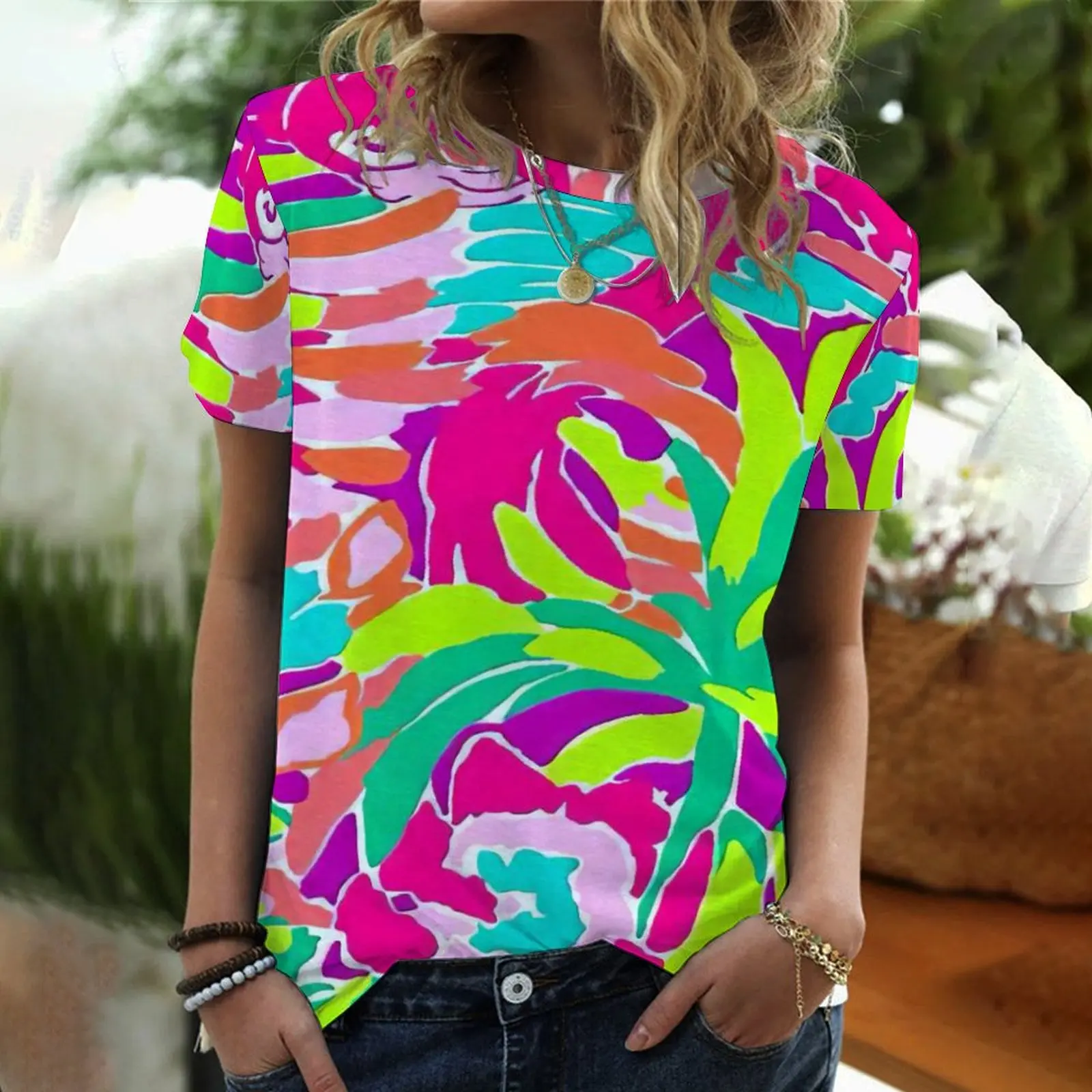 

foreign trade summer new oil painting flowers and plants printing round neck short-sleeved T-shirt top women 2022