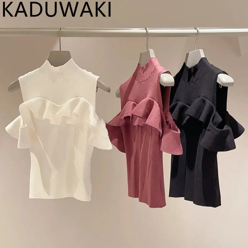 

Temperament Sweet Tops Sleeveless Semi-high Collar Ruffles Women Knitwear 2023 Japanes Spring Summer Shoulder Strapless Sweater