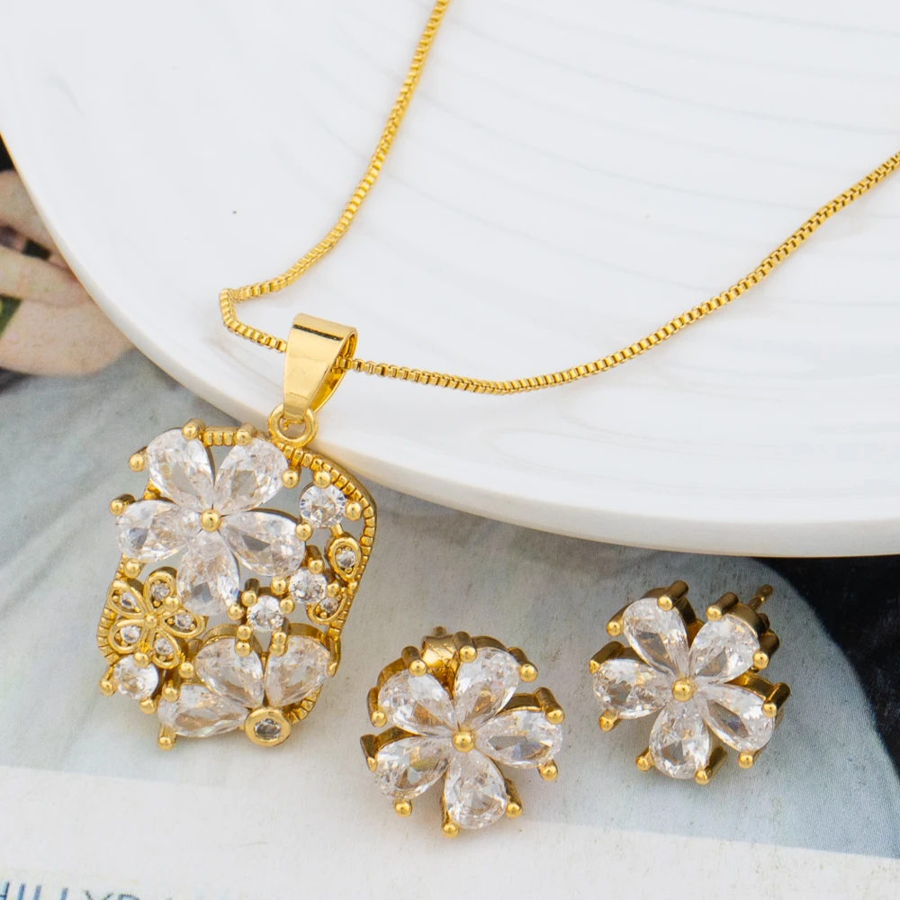 

Zircon Earring Necklace Jewelry Fashion Small Set Chain Dubai African Pendant Lady Wedding Women Part Accessaries Wholesale