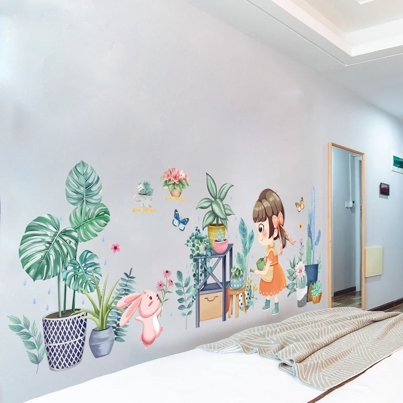 

[SHIJUEHEZI] Cartoon Girl Rabbit Wall Stickers DIY Potted Plants Wall Decals for Kids Rooms Baby Bedroom Nursery Home Decoration