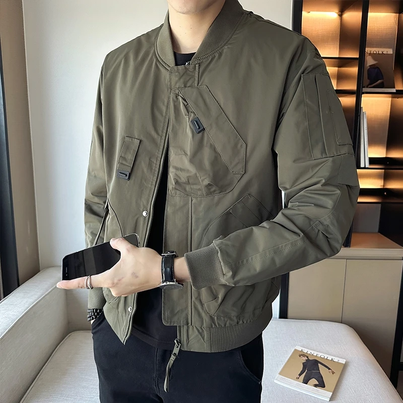 

2023 Autumn Bomber Jacket Men Black Green Loose Casual Baseball Jacket Male Fashion Stand Collar Coat Social Streetwear Outwear
