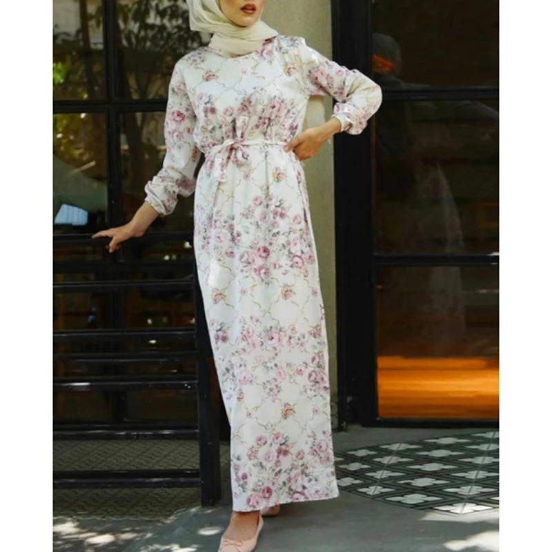 

Abayas For Women Muslim Dresses Crew Neck Fashion Long Sleeve Floral Maxi Female Dress Sashes Robe Elegant Printed New 2022