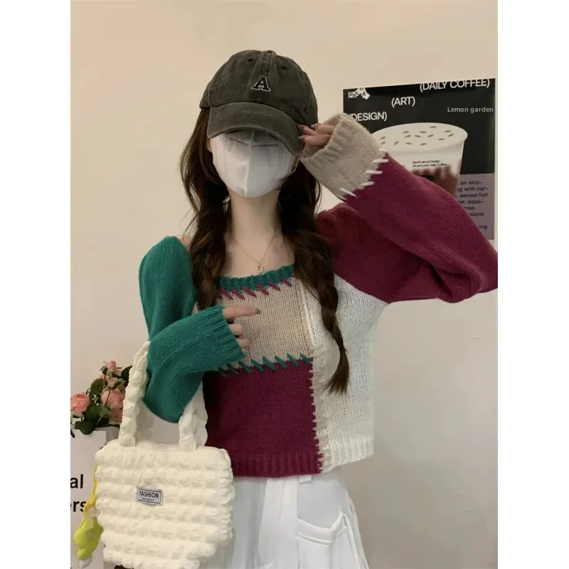 Женский осенне-зимний 2024 новый винтажный облегающий вязаный свитер с квадратным