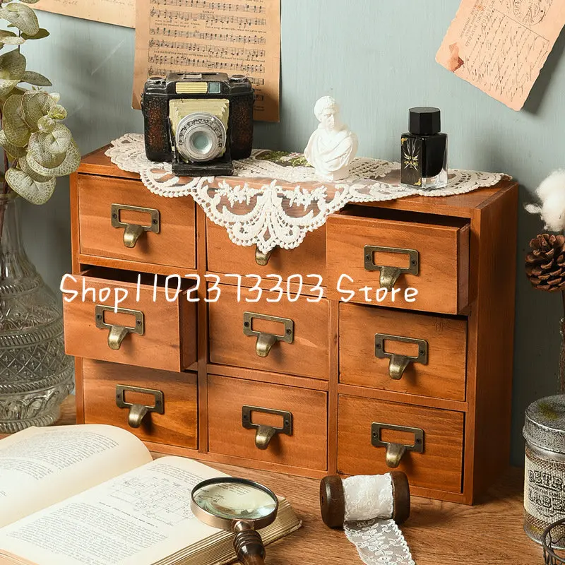 

9 Lattice Retro Wooden Drawer Storage Box Makeup Jewelry Box Cosmetic Shelf Organizer Desktop Drawer Storage Cabinet Decor