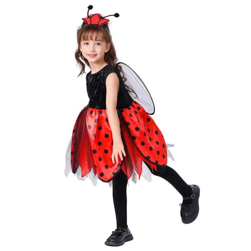 Фото 2025 New Fashion Animal Costume for Girls Sleeveless Round Neck Dress + Wing + Headband Bee Ladybug Outfit 4T-10T №5