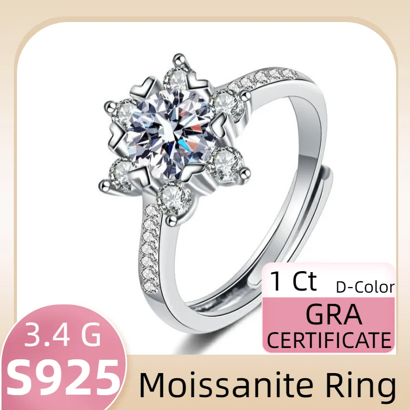 

Sterling 925 Silver Luxury Moissanite Diamond Ring Snowflakes Adjustable Size for Women 1 Ct Free Shipping GRA Certification