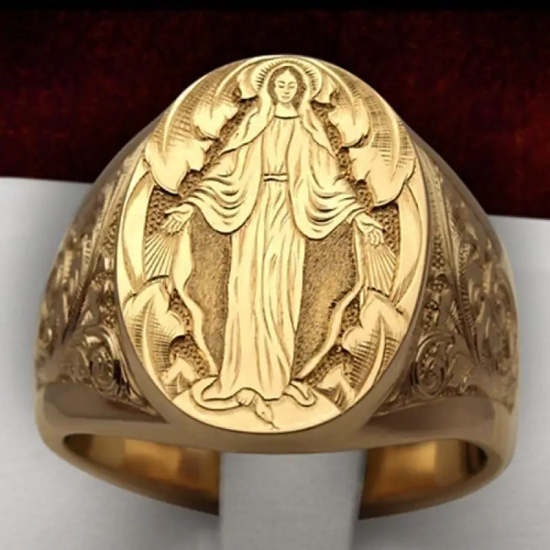 

HOYON Elegant Unisex 18k Yellow Gold Color Ring For men Jewelry Gift Virgin Mary Blessing Badge Hand Carved Religious Ring