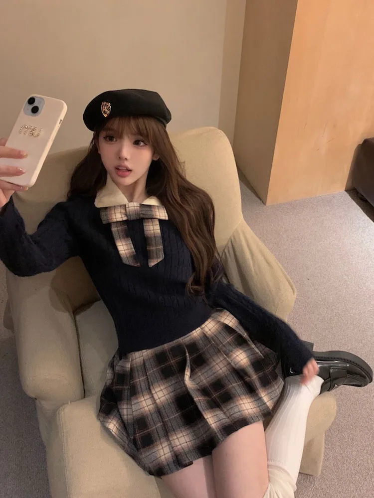 Костюм в стиле преппи комплект из 2 предметов с юбкой милый кардиган воротником