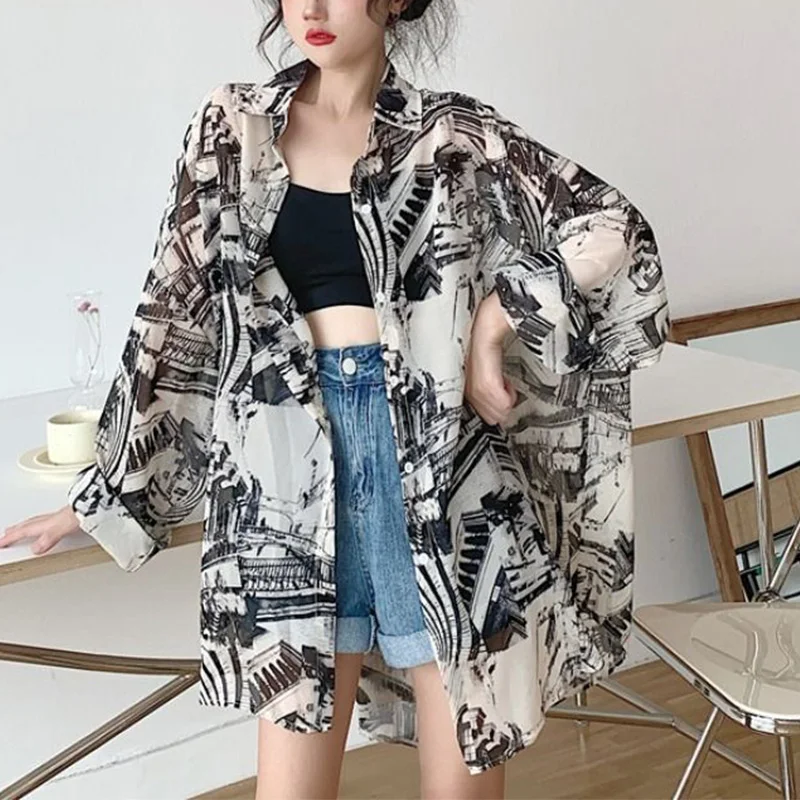 

Vintage Printing Loose Turn-down Collar Long Sleeve Blouse Summer Fashion Buttons Cardigan Shirts Women Clothing Sunscreen Tops