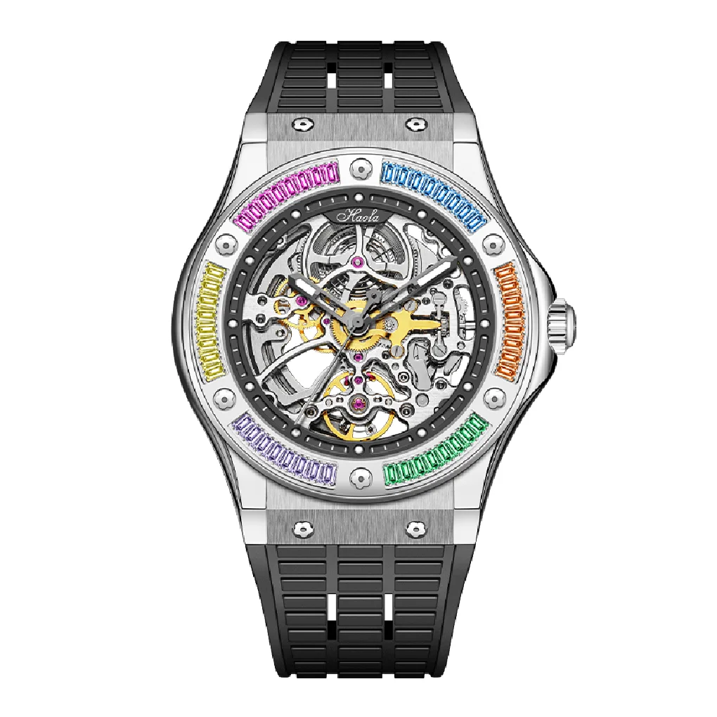 

HAOFA Automatic Sapphire Mechanical Mens Watch Luxury Skeleton Self Wind Watches For Men Rhinestone Case 2022 Waterproof 1913S