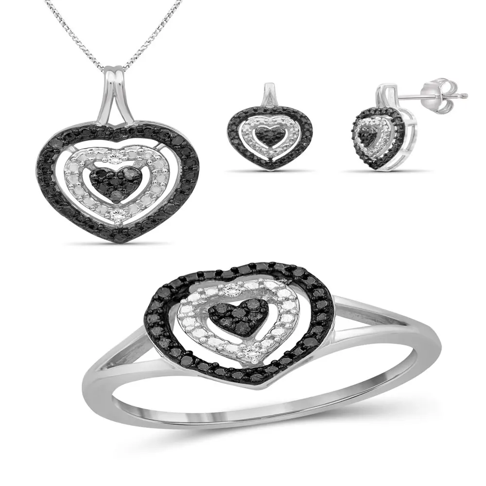 3-Piece Black & White Diamond Sterling Silver Earrings Set, Sterling Silver Necklace, Sterling Silver Rings – Heart Shaped Jew