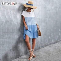wayoflove summer women vintage patchwork dress casual holiday loose ruffles vestidos butterfly sleeve o neck short dresses party