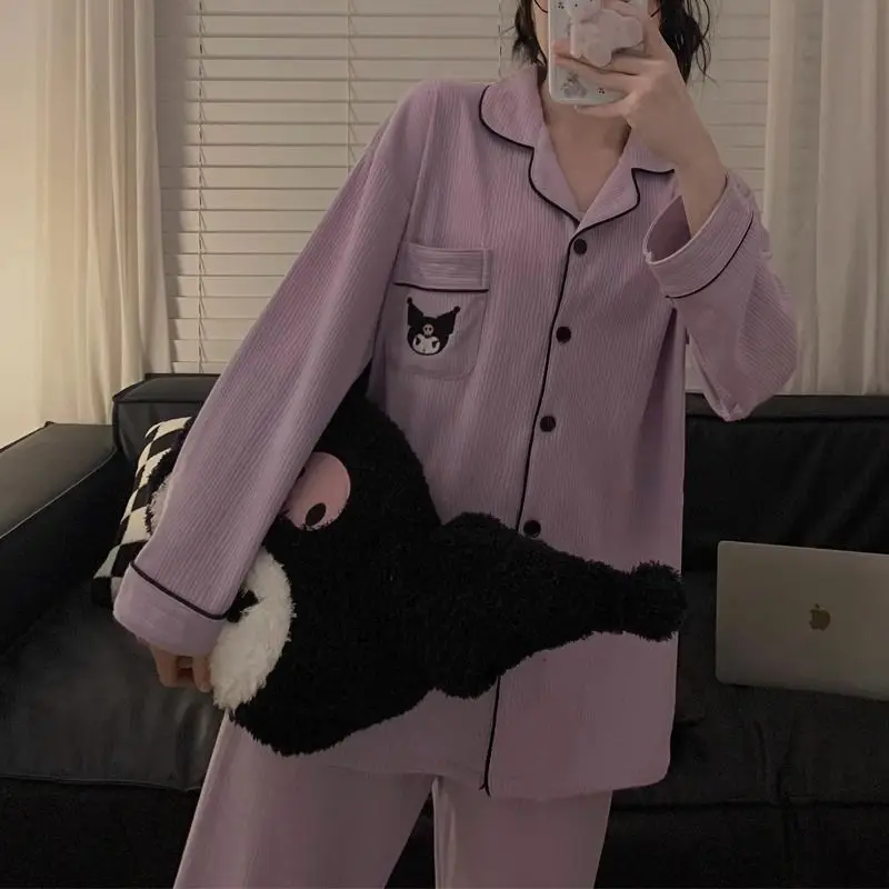 

Женская пижама в стиле аниме с героями мультфильмов, оригинальная Пижама Kuromi на весну и осень, Новый Простой повседневный домашний комплект с длинными рукавами в Корейском стиле Ins