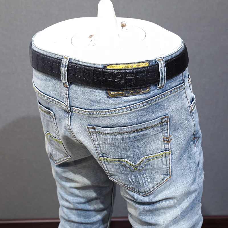 Street Fashion Men Jeans High Quality Retro Light Blue Elastic Stretch Slim Fit Ripped Jeans Men Patched Designer Vintage Pants