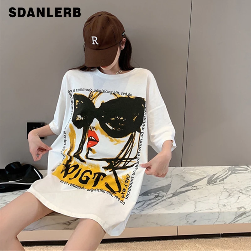 

Mid-Length White Short-Sleeved T-shirt Women's Summer 2022 New Temperament Printed Pullover Tees Casual Fashion Trends Top
