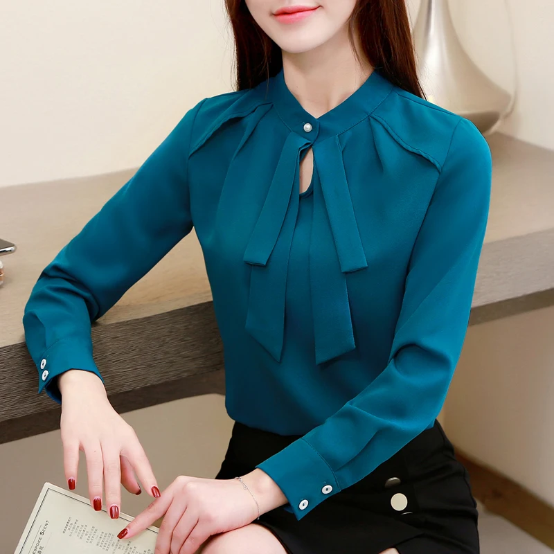 

Fashion Long Sleeve Shirts Chiffon Bow Collar Office Blouse Shirt Blusas Womens Tops And Blouses