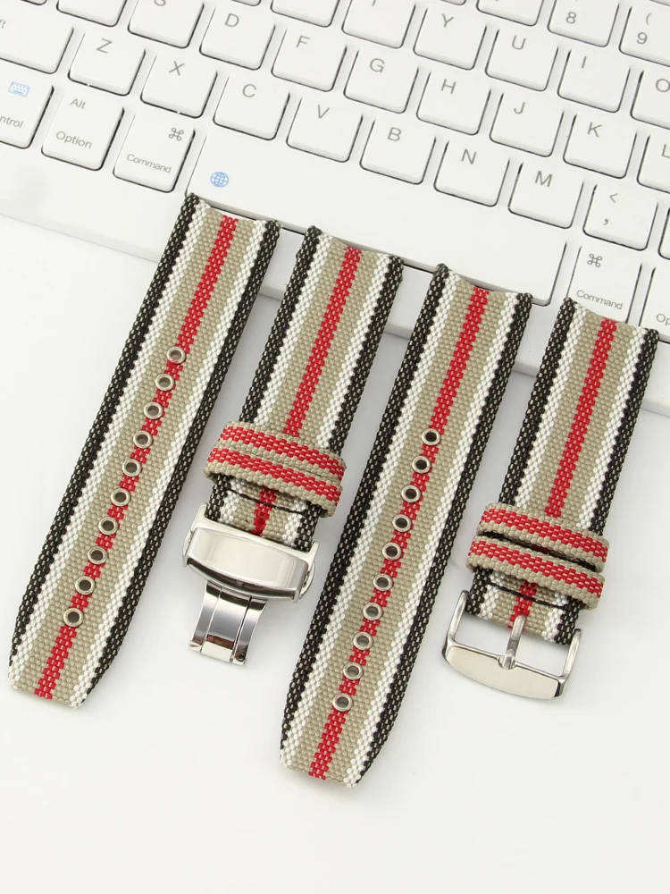 

For Burberry Bu7600 7601 7602 Fold Buckle Nylon Canvas Watch Strap Stripe Men's 22mm Genuine Leather Cowhide Watchbands