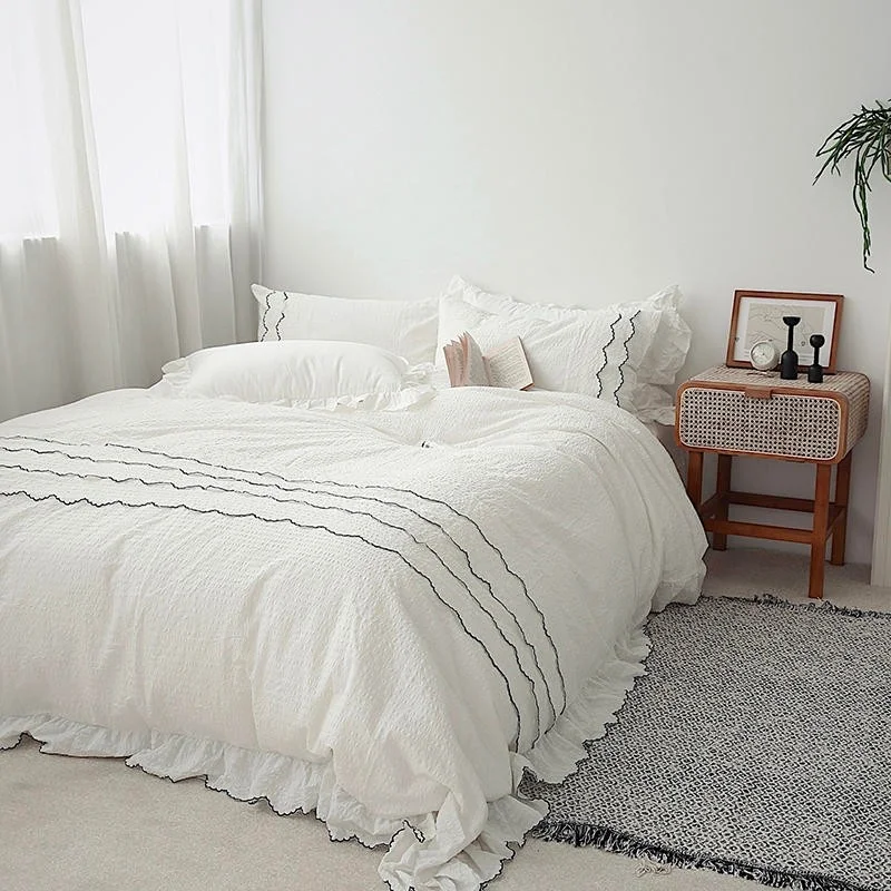 

100%Cotton White Gray Seersucker Set 4Pcs Queen King size Girls Bedding set Duvet Cover Bed Sheet 2 Pillowshams