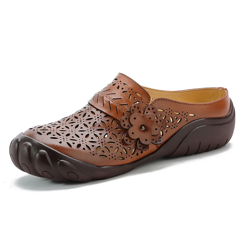 Summer Casual Women's Shoes Ethnic Style Leather Flower Breathable Women's Sandals Large Size Comfortable Soft Bottom Slippers