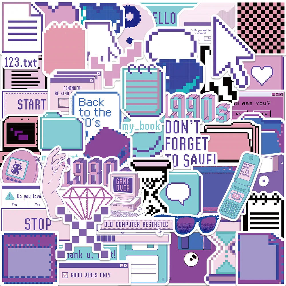 

10/30/50Pcs Cartoon Purple Pixel Sticker Kawaii Decal for Luggage Pen Guitar Notebook Phone Case Waterproof Sticker Kids Toys
