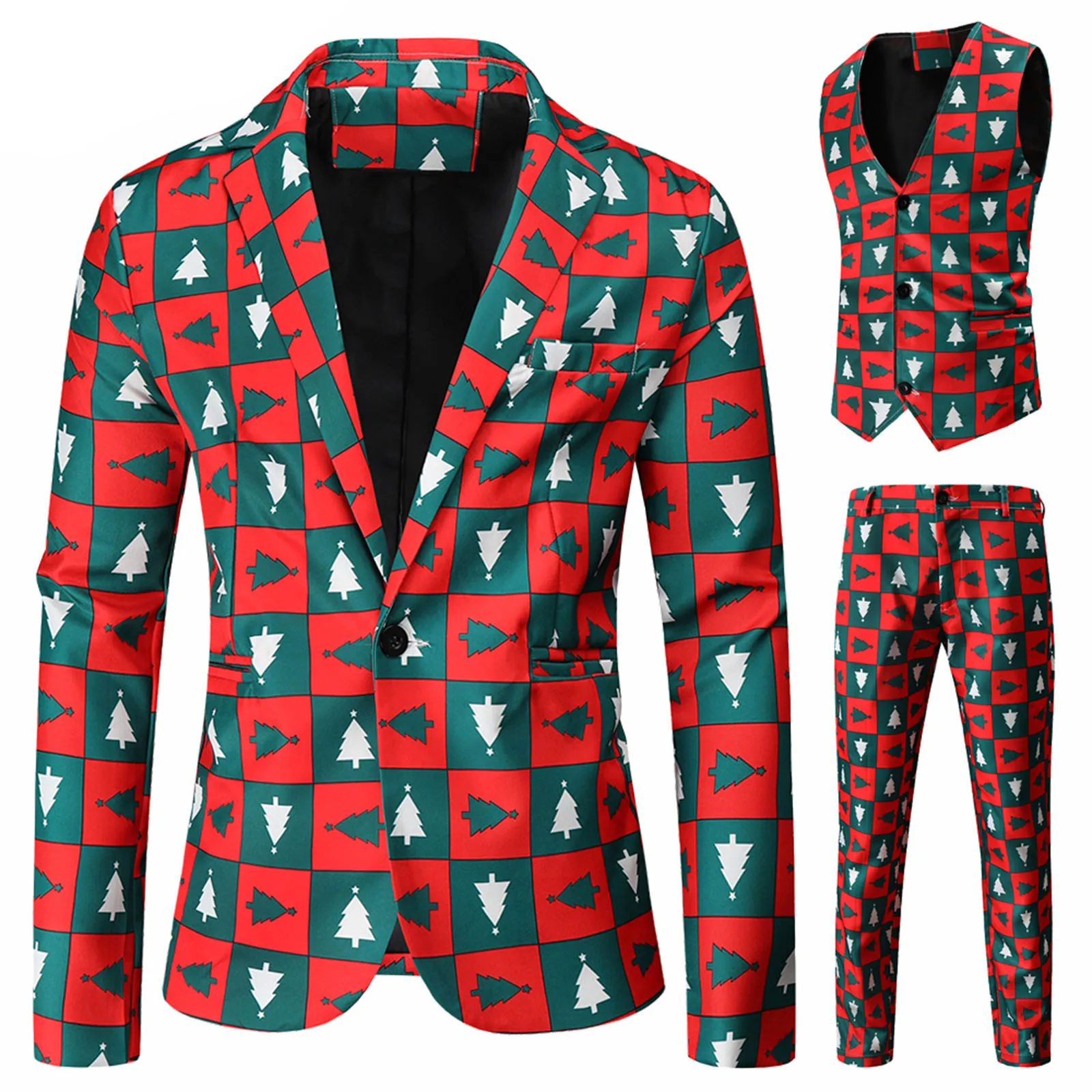

1/2/3 Pieces Suit Sets Men Costume Homme Slim Fit Men Christmas Suits Set Blazer + Vest + Pants Prom Dress Up Printed Suit Red