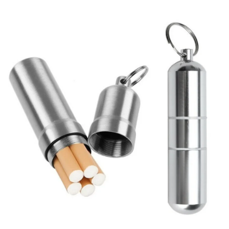 

Silver Aluminum Alloy Cigarette Box Waterproof Cigarete Case Pill Toothpick Capsule Holder with Keychain Mens Smoker's Gift