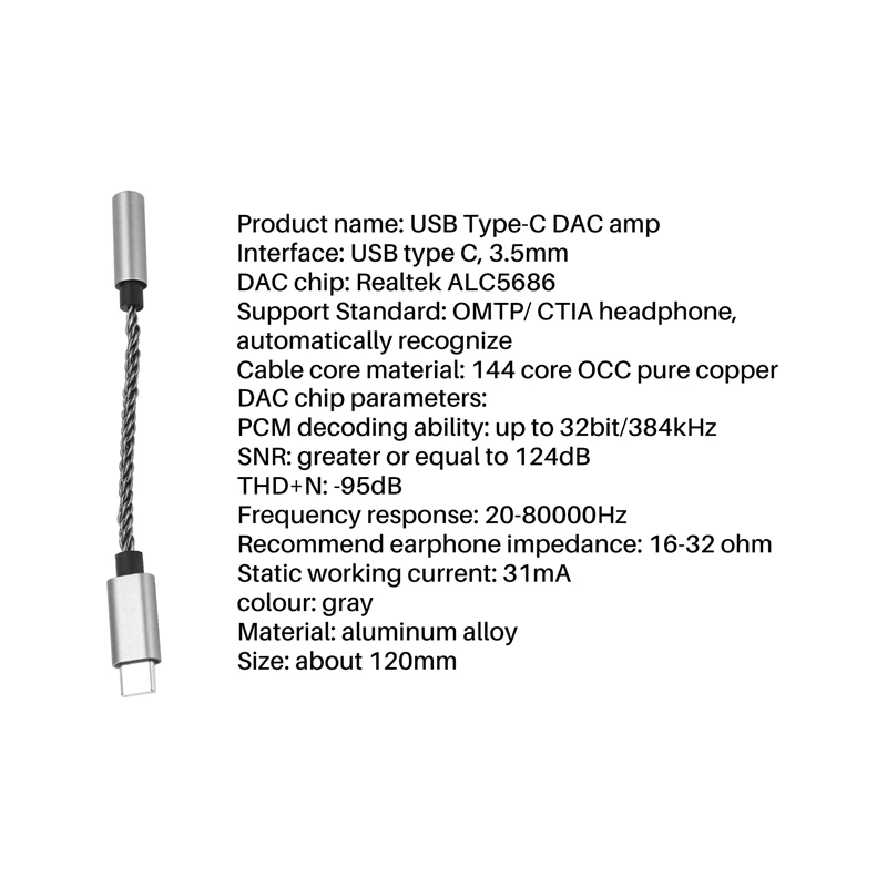 ALC5686 Усилитель для гарнитуры USB Type-C на 3 5 мм ЦАП 16-32 Ом 125 ДБ PCM 32B/384 кГц Цифровой