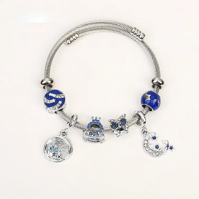 

Beaded Titanium Steel Owl Couple Bracelet for Women Blue Star Moon Night Sky Pendant Stainless Steel Accessories Girlfriend Gift
