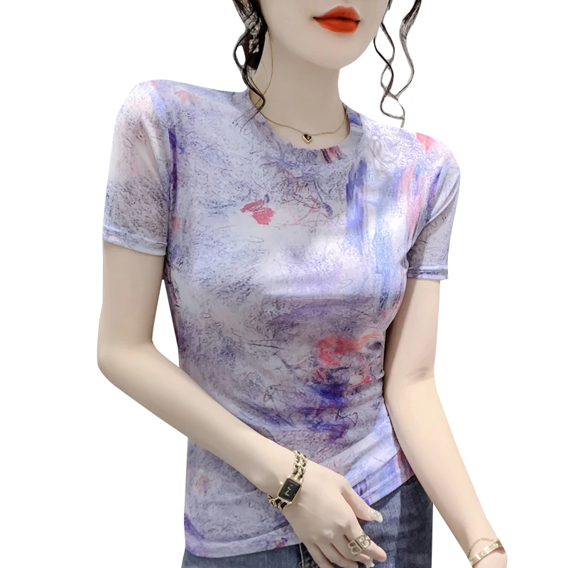 

2023 Summer New Mesh Tops Print Blouse Fashion Short Sleeve Shirt Women Tops Round Collar Slim Fit Clothes Casual Blusas 26366