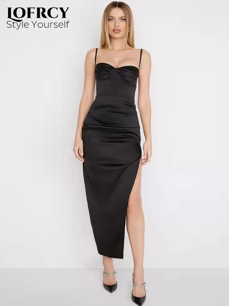 

Lofrcy New Women Sexy Padded Underwired Elegant Spaghetti Strap Stretch Satin Maxi Dress Birthday Robe High Slit Party Dresses