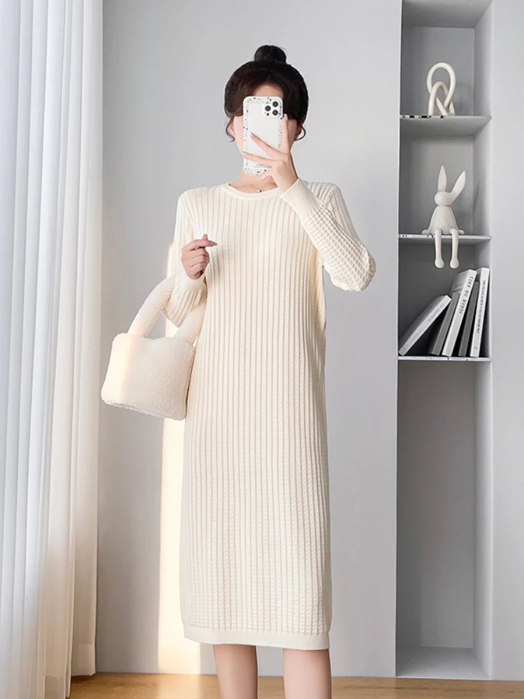 

Knitted Dresses Women 2022 Autumn and Winter Lining Loose Medium-length Knee-length Black Bottoming Sweater Dress O-Neck Vestido