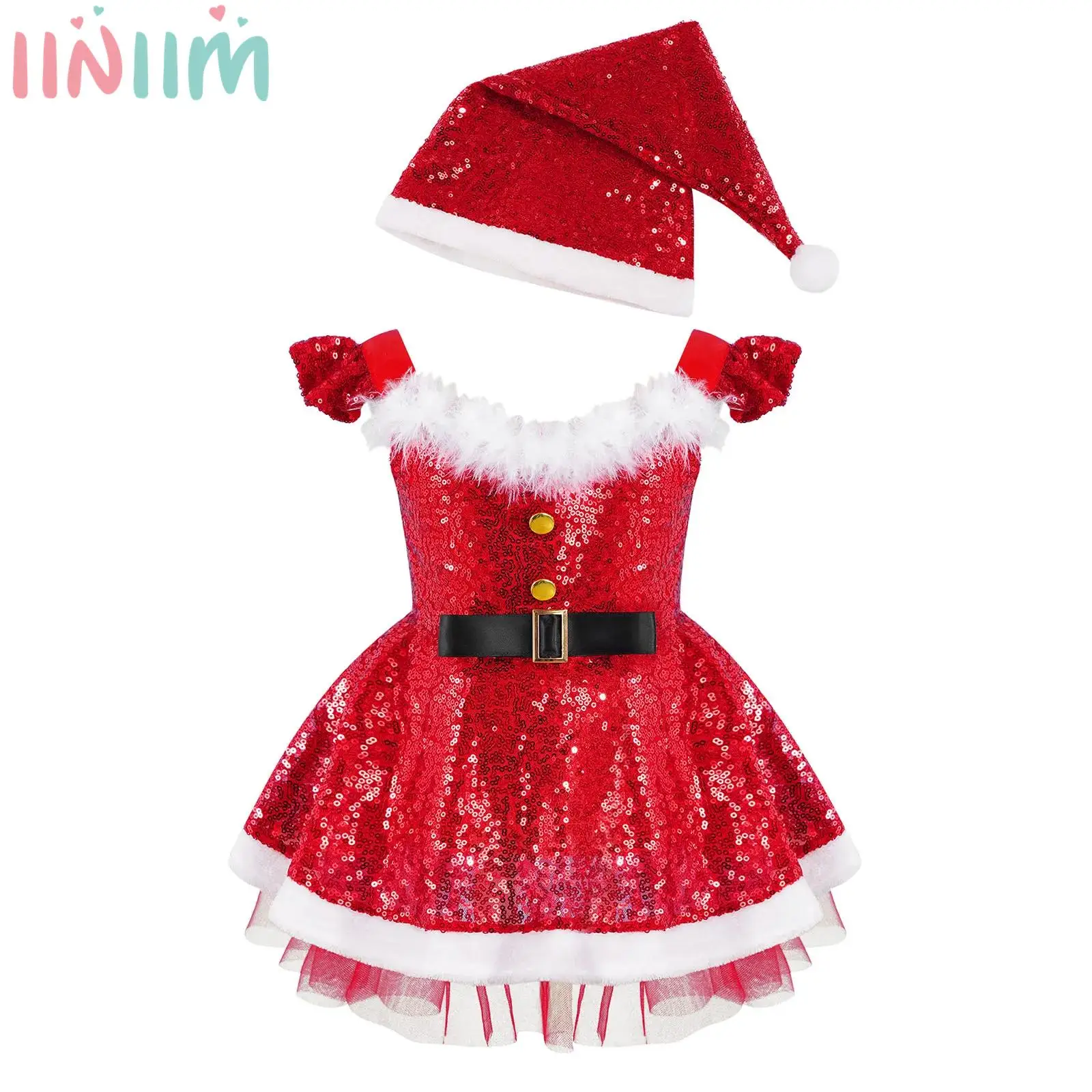 Детский Рождественский костюм для девочек платье-пачка с блестками и шапкой