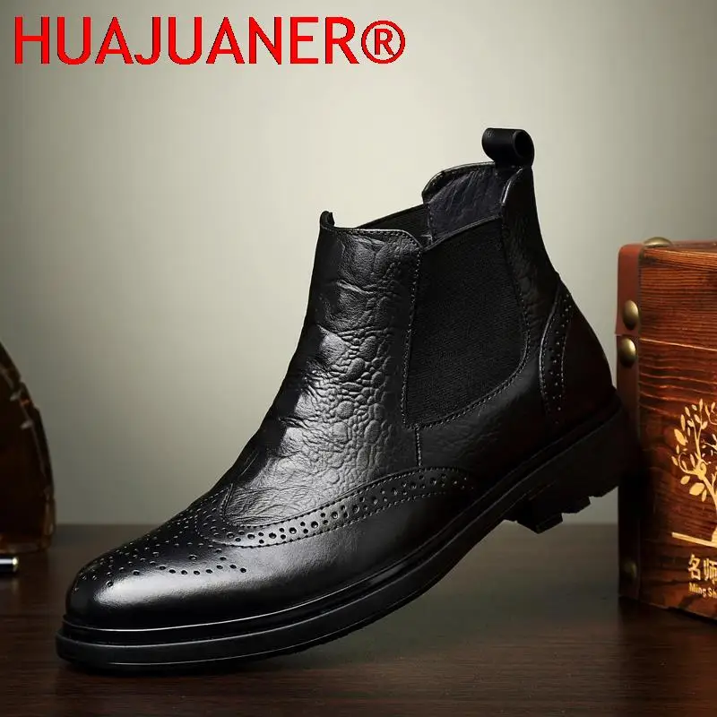 

Luxury Brand Mens Boots Crocodile Style Genuine Leather Men Winter Shoes Black Cow Leather Business Dress Boots Man Warm Oxfords