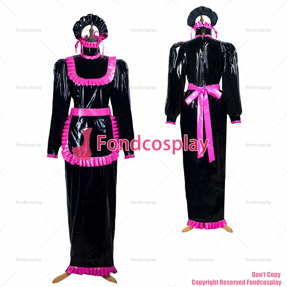 

tailor-made sexy adult dressing cross maid sissy long black heavy pvc dress lockable uniform apron costume tv/cd[g3716]