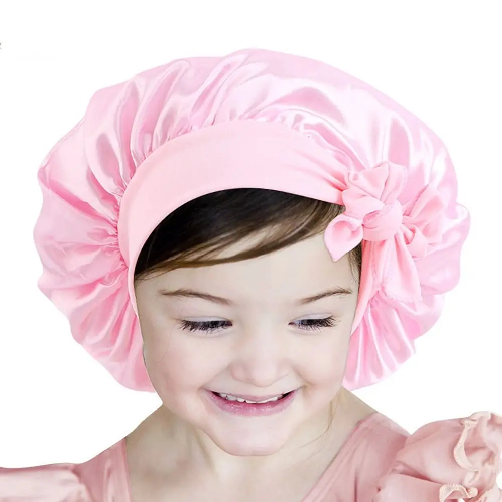 

Silky Satin Bonnet Solid Wide-brimmed Sleeping Hat with Band Tie Kids Baby Sleep Cap Beanies Bowknot Children Nightcap