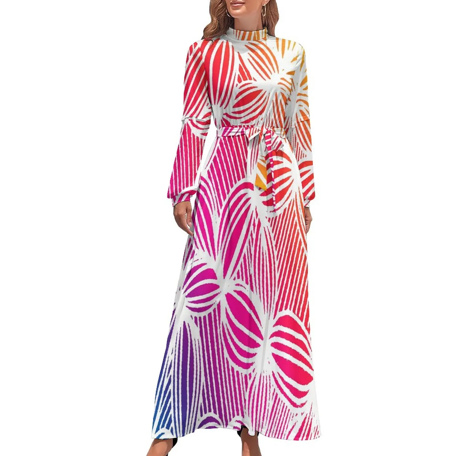 

Curve Print Dress High Neck Rainbow Lines Custom Boho Beach Dresses Long Sleeve Street Fashion Long Maxi Dress Elegant Clothes
