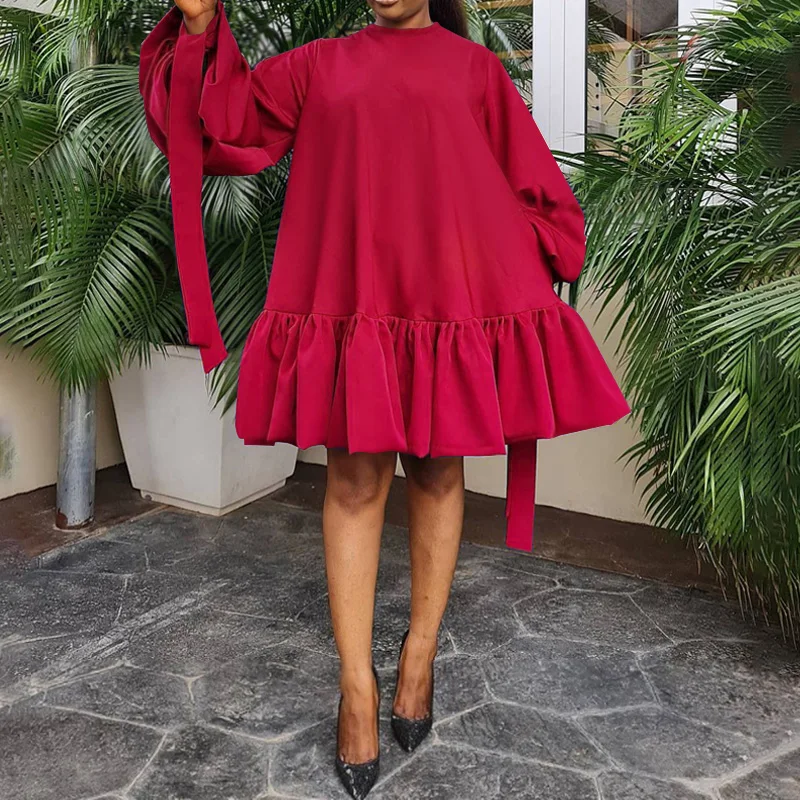 Mini Dress 2022 VONDA Spring Round Neck Pleated Ruffled Hem Dresses Women Loose Long Lantern Sleeve Solid Vestidos With Pockets