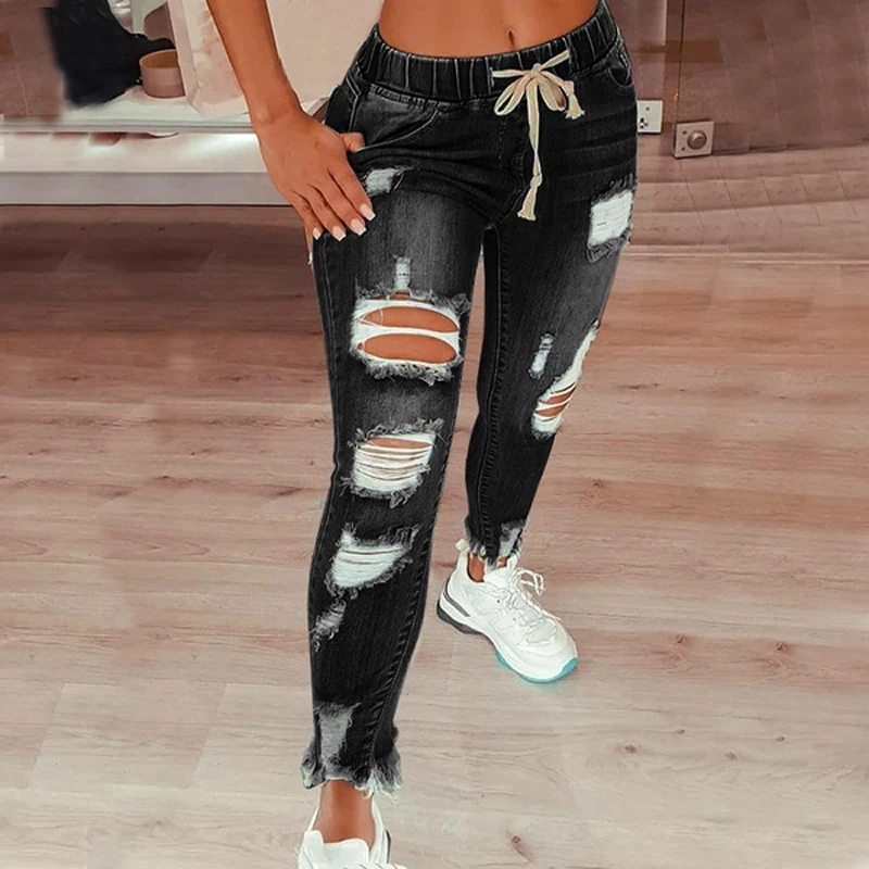 

Women Ripped Hole Stretch Denim Pants Drawstring Skinny Jeans for Female Lady Plus Size Full Length Pencil Pant Fashion Trouser