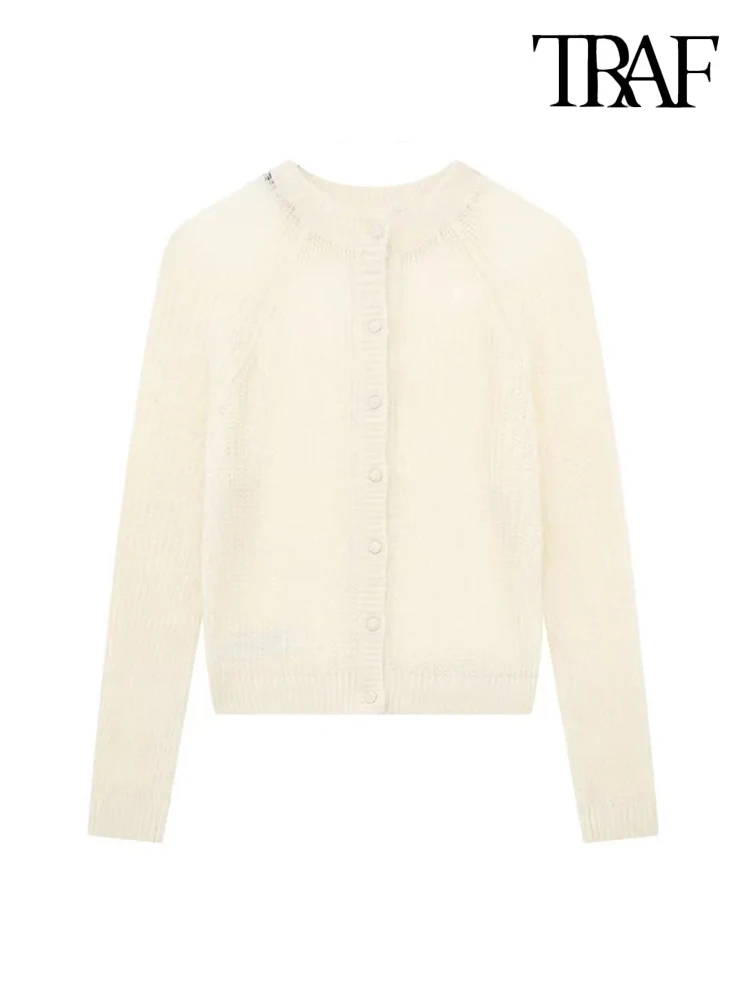 

Кардиган женский трикотажный на пуговицах спереди с круглым вырезом и длинным рукавом